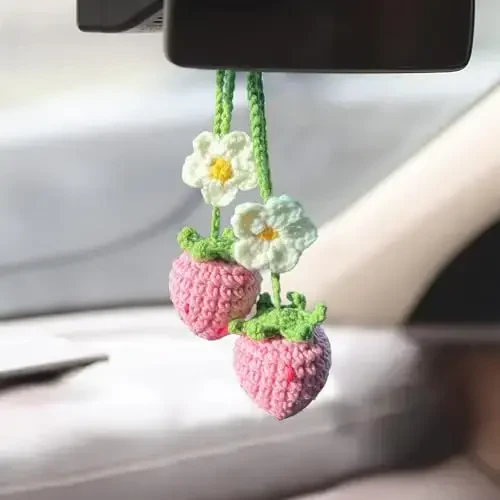 2-Pack Crochet Strawberry and Flower Car Hanging Decor, Cute Rear View Mirror Accessories, Boho Hand-Made Car Interior Aesthetic Truck Hanger Ornament Charm for Women - 1