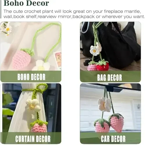 2-Pack Crochet Strawberry and Flower Car Hanging Decor, Cute Rear View Mirror Accessories, Boho Hand-Made Car Interior Aesthetic Truck Hanger Ornament Charm for Women - 4