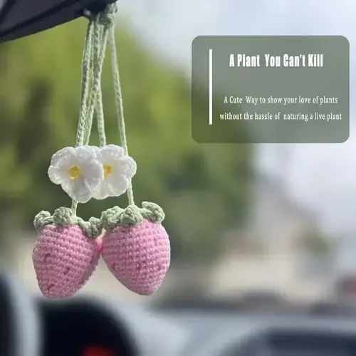 2-Pack Crochet Strawberry and Flower Car Hanging Decor, Cute Rear View Mirror Accessories,Boho Hand-Made Car Interior Aesthetic Truck Hanger Ornament Charm for Women - 2
