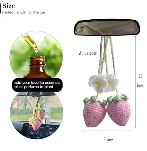 2-Pack Crochet Strawberry and Flower Car Hanging Decor, Cute Rear View Mirror Accessories,Boho Hand-Made Car Interior Aesthetic Truck Hanger Ornament Charm for Women - 3