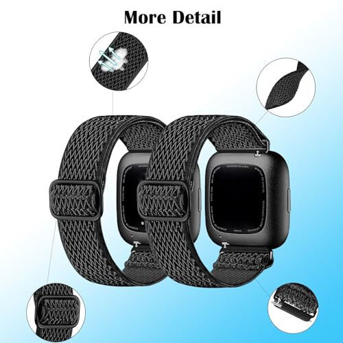 2 Pack Elastic Bands Compatible with Fitbit Versa 2 Band for Women Men, Soft Adjustable Nylon Breathable Replacement Band for Versa/Versa 2/Versa Lite/SE Smartwatch Loop Wristband - 3