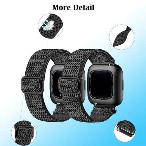 2 Pack Elastic Bands Compatible with Fitbit Versa 2 Band for Women Men, Soft Adjustable Nylon Breathable Replacement Band for Versa/Versa 2/Versa Lite/SE Smartwatch Loop Wristband - 3