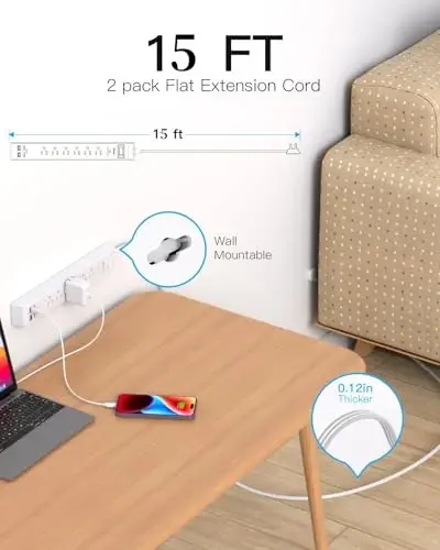 2 Pack Extension Cord 15FT, Power Strip Surge Protector with 6 Outlets and 4 USB Ports (2 USB C), Flat Plug Overload Protection, Extension Cord with Multiple Outlets, Wall Mount for Home Dorm College - 2