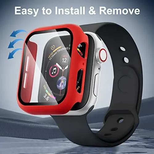 (2 Pack) GEAK Compatible with Apple Watch Case 41mm, Built-in Tempered Glass Screen Protector, Ultra-Thin Bumper Case Compatible for iWatch Series 7, Black/Red - 3