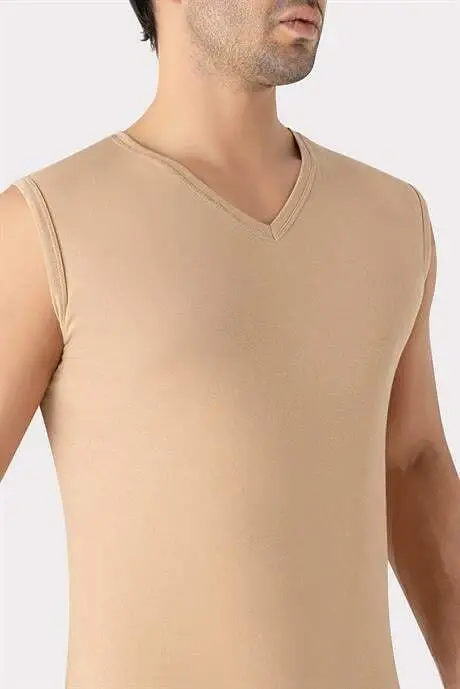 2-Pack Invisible Undershirt Men Skin Color V Neck Sleeveless T-Shirt Cotton Lycra Flexible Soft Fabric - 2