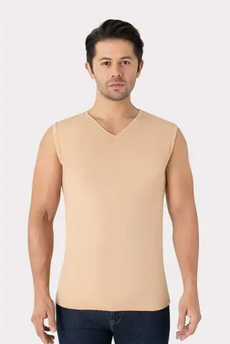 2-Pack Invisible Undershirt Men Skin Color V Neck Sleeveless T-Shirt Cotton Lycra Flexible Soft Fabric - 3