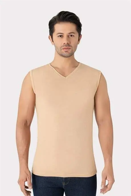 2-Pack Invisible Undershirt Men Skin Color V Neck Sleeveless T-Shirt Cotton Lycra Flexible Soft Fabric - 3