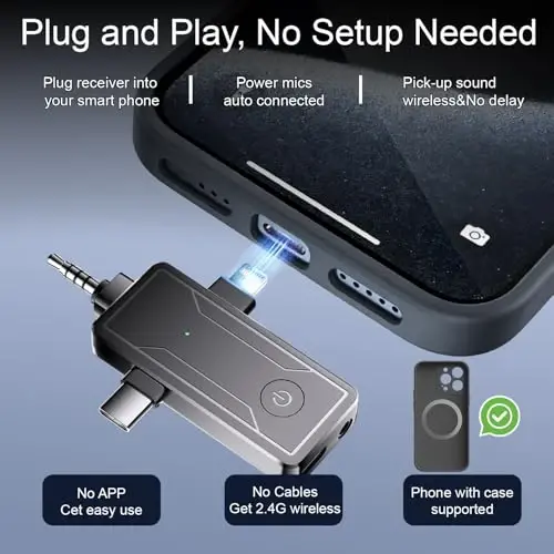 2 Pack iPhone, Android qurilmasi uchun simsiz mini lavalier mikrofon, (3 in 1) - 65 fut simsiz qisqichli qo'sh mikrofon shovqinni kamaytirish bilan video yozish, vlog, YouTube, intervyu uchun 6 soat ishlash vaqti - 2