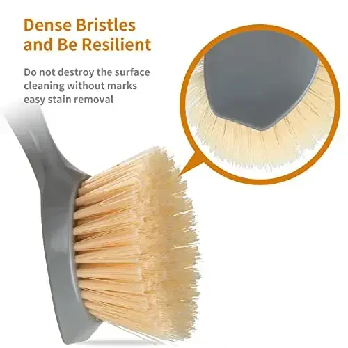 2 Pack Kitchen Dish Brush Bamboo Handle Dish Scrubber Built-in Scraper, Scrub Brush for Pans, Pots, Kitchen Sink Cleaning, Dishwashing and Cleaning Brushes are Perfect Cleaning Tools, Color-Gray - 3