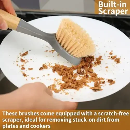 2 Pack Kitchen Dish Brush Bamboo Handle Dish Scrubber Built-in Scraper, Scrub Brush for Pans, Pots, Kitchen Sink Cleaning, Dishwashing and Cleaning Brushes are Perfect Cleaning Tools, Color-Gray - 5