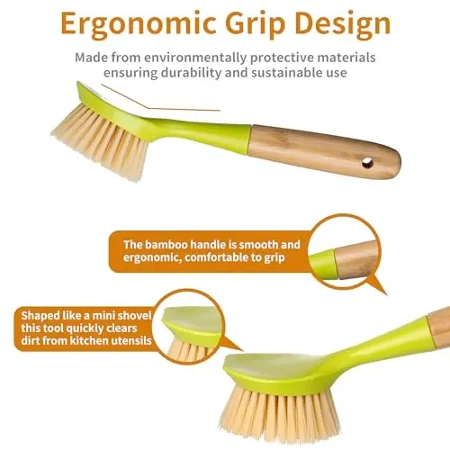 2 Pack Kitchen Dish Brush Bamboo Handle Dish Scrubber Built-in Scraper, Scrub Brush for Pans, Pots, Kitchen Sink Cleaning, Dishwashing and Cleaning Brushes are Perfect Cleaning Tools, Color-Green - 10
