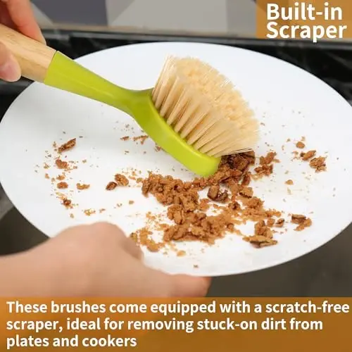 2 Pack Kitchen Dish Brush Bamboo Handle Dish Scrubber Built-in Scraper, Scrub Brush for Pans, Pots, Kitchen Sink Cleaning, Dishwashing and Cleaning Brushes are Perfect Cleaning Tools, Color-Green - 11