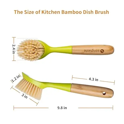 2 Pack Kitchen Dish Brush Bamboo Handle Dish Scrubber Built-in Scraper, Scrub Brush for Pans, Pots, Kitchen Sink Cleaning, Dishwashing and Cleaning Brushes are Perfect Cleaning Tools, Color-Green - 12