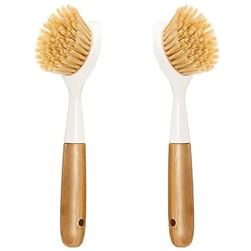 2 Pack Kitchen Dish Brush Bamboo Handle Dish Scrubber Built-in Scraper, Scrub Brush for Pans, Pots, Kitchen Sink Cleaning, Dishwashing and Cleaning Brushes are Perfect Cleaning Tools, White - SONGTASTE