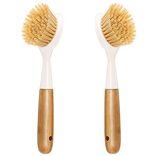 2 Pack Kitchen Dish Brush Bamboo Handle Dish Scrubber Built-in Scraper, Scrub Brush for Pans, Pots, Kitchen Sink Cleaning, Dishwashing and Cleaning Brushes are Perfect Cleaning Tools, White - 1