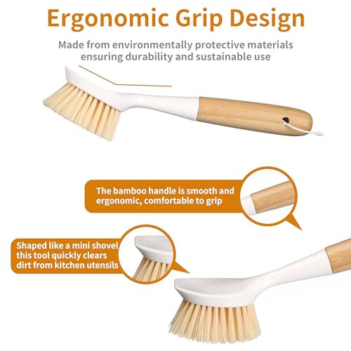 2 Pack Kitchen Dish Brush Bamboo Handle Dish Scrubber Built-in Scraper, Scrub Brush for Pans, Pots, Kitchen Sink Cleaning, Dishwashing and Cleaning Brushes are Perfect Cleaning Tools, White - 4