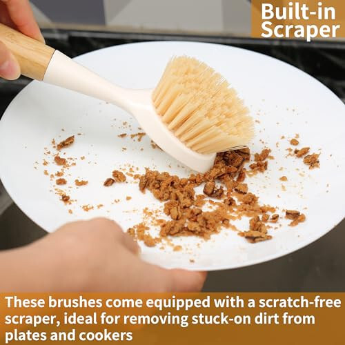 2 Pack Kitchen Dish Brush Bamboo Handle Dish Scrubber Built-in Scraper, Scrub Brush for Pans, Pots, Kitchen Sink Cleaning, Dishwashing and Cleaning Brushes are Perfect Cleaning Tools, White - 5