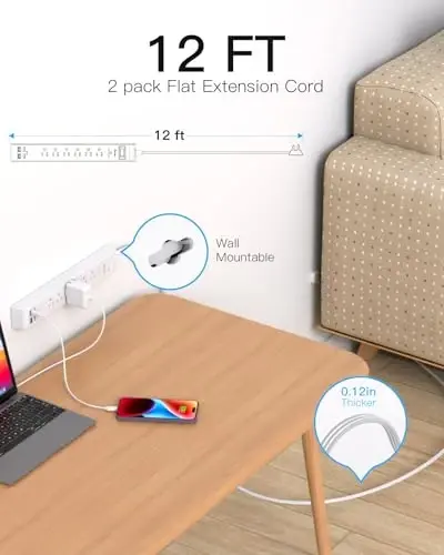 2 Pack Long Extension Cord, 12FT Power Strip Surge Protector with 6 Outlets and 4 USB Ports (2 USB C), Extension Cord with Multiple Outlets, Flat Plug Overload Protection, Wall Mount for Dorm College - MIFASO (1)