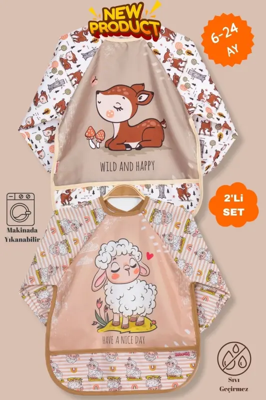 2-Pack Long-Sleeve Wearable Fawn-Lamb Print Liquid-Proof Activity & Feeding Bibs 6-24 Months - 1