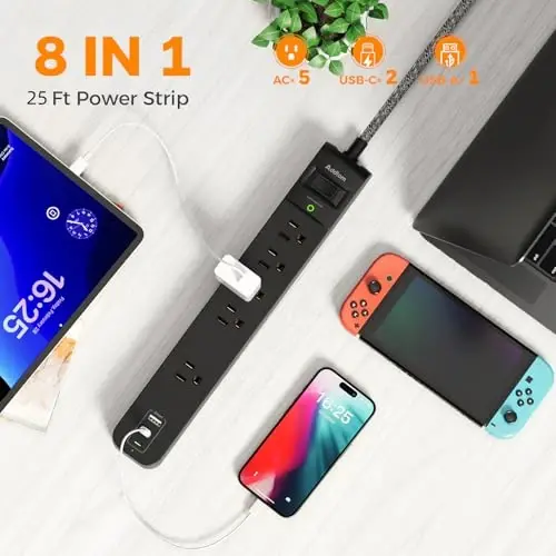 2 Pack Long Surge Protector Power Strip - 25ft Extension Cord with 5 Widely 3 USB (2 USB-C) Ports, Flat Plug, Desktop Charging Station for Home Office College Dorm Room Essentials - ADDTAM (1)
