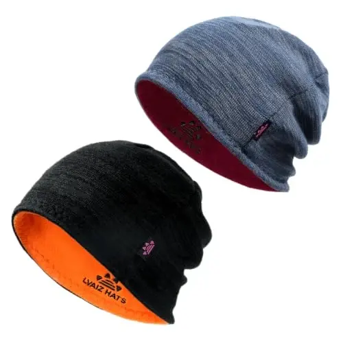 2 Pack Lvaiz Winter Fleece Lined Beanie for Men Women Reversible Skull Cap | Full ear coverage, Soft ultra fleece lined, 3D hexagonal crown, Reversible acrylic knit, 21.25-23.23 in fit - 1
