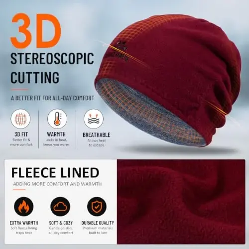 2 Pack Lvaiz Winter Fleece Lined Beanie for Men Women Reversible Skull Cap | Full ear coverage, Soft ultra fleece lined, 3D hexagonal crown, Reversible acrylic knit, 21.25-23.23 in fit - 2 (1)