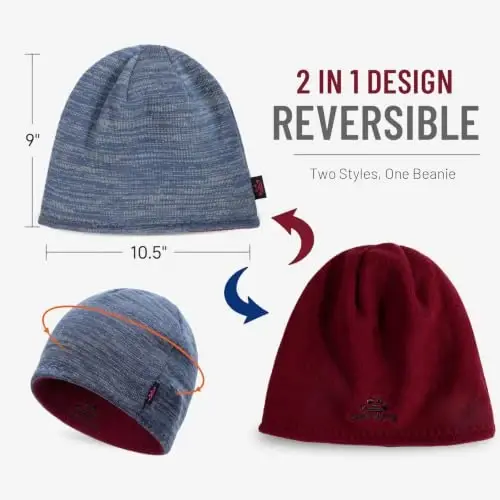 2 Pack Lvaiz Winter Fleece Lined Beanie for Men Women Reversible Skull Cap | Full ear coverage, Soft ultra fleece lined, 3D hexagonal crown, Reversible acrylic knit, 21.25-23.23 in fit - 4