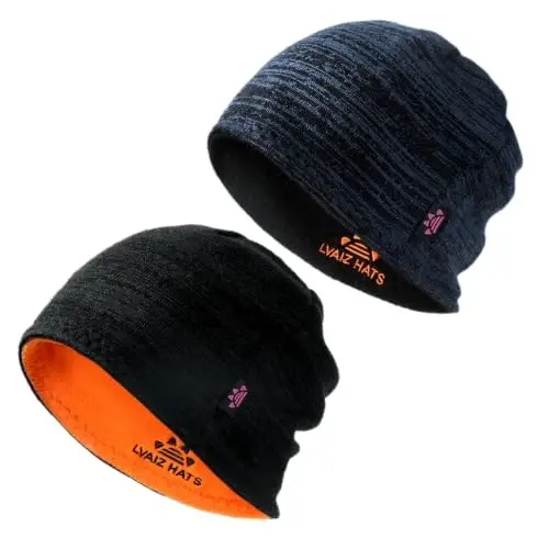 2 Pack Lvaiz Winter Fleece Lined Beanie for Men Women Reversible Skull Cap | Full ear coverage, Soft ultra fleece lined, 3D hexagonal crown, Reversible acrylic knit, 21.25-23.23 in fit - 1