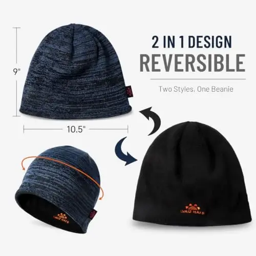 2 Pack Lvaiz Winter Fleece Lined Beanie for Men Women Reversible Skull Cap | Full ear coverage, Soft ultra fleece lined, 3D hexagonal crown, Reversible acrylic knit, 21.25-23.23 in fit - 4