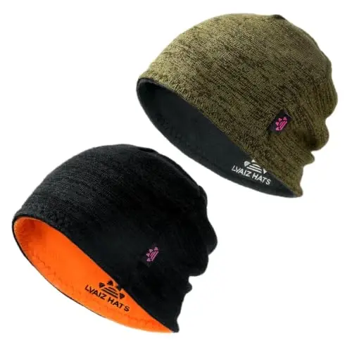 2 Pack Lvaiz Winter Fleece Lined Beanie for Men Women Reversible Skull Cap | Full ear coverage, Soft ultra fleece lined, 3D hexagonal crown, Reversible acrylic knit, 21.25-23.23 in fit - 1