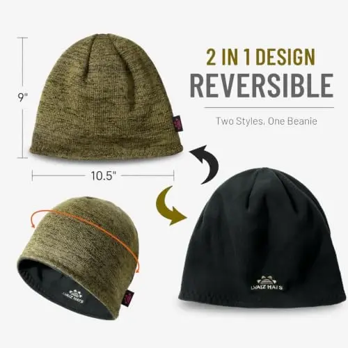 2 Pack Lvaiz Winter Fleece Lined Beanie for Men Women Reversible Skull Cap | Full ear coverage, Soft ultra fleece lined, 3D hexagonal crown, Reversible acrylic knit, 21.25-23.23 in fit - 4