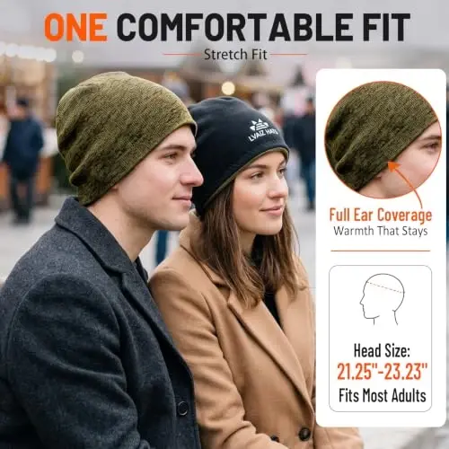 2 Pack Lvaiz Winter Fleece Lined Beanie for Men Women Reversible Skull Cap | Full ear coverage, Soft ultra fleece lined, 3D hexagonal crown, Reversible acrylic knit, 21.25-23.23 in fit - 5