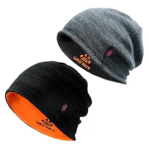 2 Pack Lvaiz Winter Fleece Lined Beanie for Men Women Reversible Skull Cap | Full ear coverage, Soft ultra fleece lined, 3D hexagonal crown, Reversible acrylic knit, 21.25-23.23 in fit - 1
