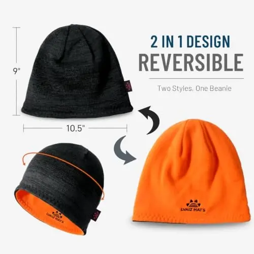 2 Pack Lvaiz Winter Fleece Lined Beanie for Men Women Reversible Skull Cap | Full ear coverage, Soft ultra fleece lined, 3D hexagonal crown, Reversible acrylic knit, 21.25-23.23 in fit - 4