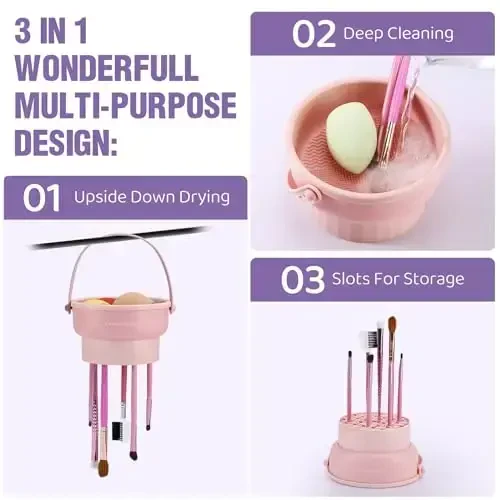 2 Pack Makeup Brush Cleaner Mat 3 in 1 Silicone Makeup Brush Cleaner Makeup Brush Cleaning Bowl Makeup Brush Sponge Scrubber Tool for Cleaning, Storage And Upside Down Drying（Two Pink) - 2
