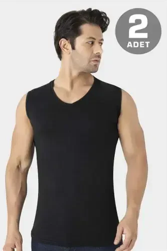 2-Pack Men's Black V-Neck Sleeveless Undershirt Tank Top Cotton Lycra Stretch and Soft Fabric - 1
