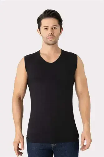 2-Pack Men's Black V-Neck Sleeveless Undershirt Tank Top Cotton Lycra Stretch and Soft Fabric - 3