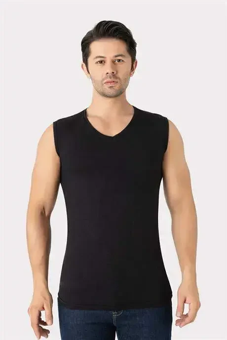 2-Pack Men's Black V-Neck Sleeveless Undershirt Tank Top Cotton Lycra Stretch and Soft Fabric - 3