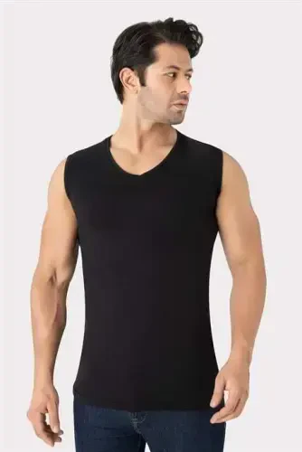 2-Pack Men's White Black V-Neck Sleeveless T-Shirt Tank Top Cotton Lycra Stretchy and Soft Fabric - BÜYÜKBEDENIZ (1)