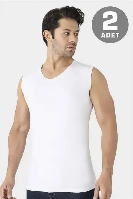 2-Pack Men's White V-Neck Sleeveless T-Shirt Tank Top Cotton Lycra Stretchy and Soft Fabric - 1