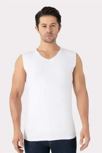 2-Pack Men's White V-Neck Sleeveless T-Shirt Tank Top Cotton Lycra Stretchy and Soft Fabric - 3