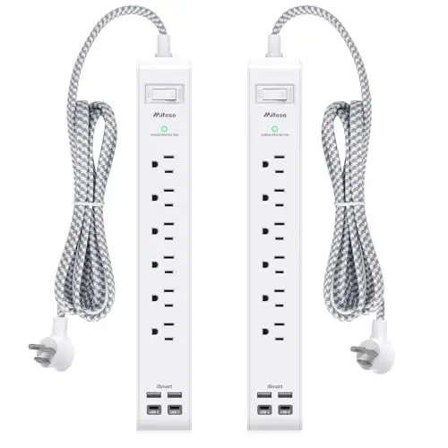 2 Pack Power Strip, 12FT Long Extension Cord, Surge Protector with 6 Outlets and 4 USB Ports (2 USB C), Flat Plug Overload Protection, Extension Cord 10+ ft, Wall Mount for Home Office Dorm College 