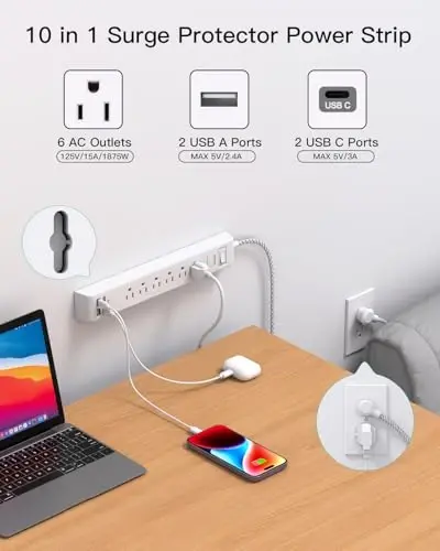 2 Pack Power Strip, 12FT Long Extension Cord, Surge Protector with 6 Outlets and 4 USB Ports (2 USB C), Flat Plug Overload Protection, Extension Cord 10+ ft, Wall Mount for Home Office Dorm College - MIFASO (1)