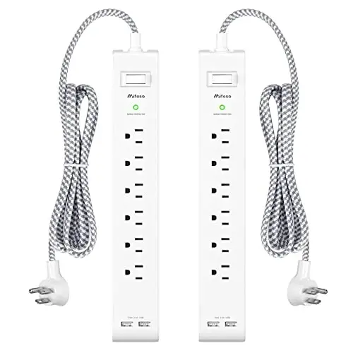 2 Pack Power Strip - 15FT Long Extension Cord, Surge Protector with 6 Outlets and 2 USB Charging Ports, Flat Plug Overload Protection, (1625W/13A/900J), Wall Mount for Home Office and Dorm, ETL Listed 