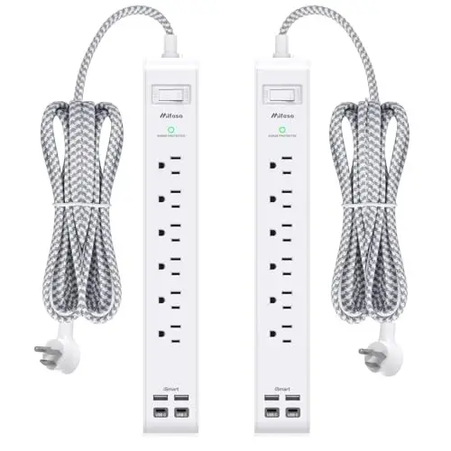 2 Pack Power Strip 15FT, Surge Protector with 6 Outlets and 4 USB Ports (2 USB C), Flat Plug Overload Protection, Extension Cord with Multiple Outlets, Wall Mount for Home Dorm College 