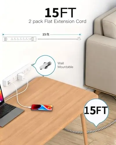 2 Pack Power Strip 15FT, Surge Protector with 6 Outlets and 4 USB Ports (2 USB C), Flat Plug Overload Protection, Extension Cord with Multiple Outlets, Wall Mount for Home Dorm College - 2