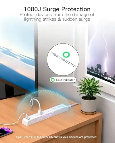 2 Pack Power Strip 15FT, Surge Protector with 6 Outlets and 4 USB Ports (2 USB C), Flat Plug Overload Protection, Extension Cord with Multiple Outlets, Wall Mount for Home Dorm College - 5