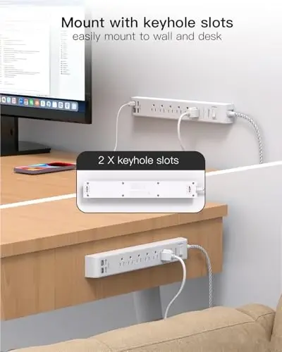 2 Pack Power Strip 15FT, Surge Protector with 6 Outlets and 4 USB Ports (2 USB C), Flat Plug Overload Protection, Extension Cord with Multiple Outlets, Wall Mount for Home Dorm College - 6