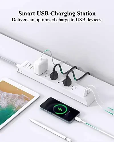 2 Pack Power Strip - 15FT Uzunlikdagi uzaytirgich simi, 6 rozetka va 2 USB zaryadlash porti bilan jihozlangan Surge Protector, Yassi vilka ortiqcha yukdan himoya, (1625W/13A/900J), Uy ofisi va yotoqxona uchun devorga o'rnatish, ETL ro'yxatdan o'tgan - 3