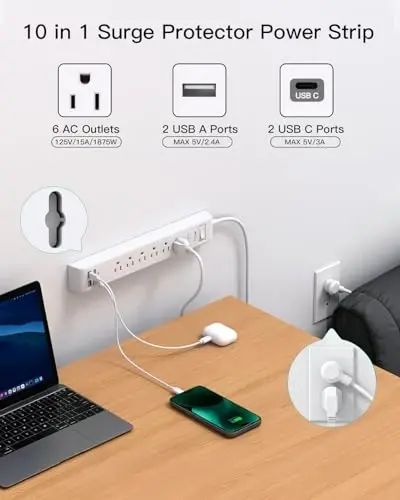 2 Pack Power Strip, Extension Cord 15FT, Surge Protector with 6 Outlets and 4 USB Ports (2 USB C), Flat Plug Overload Protection, Extension Cord with Multiple Outlets, Wall Mount for Home Dorm College - 3